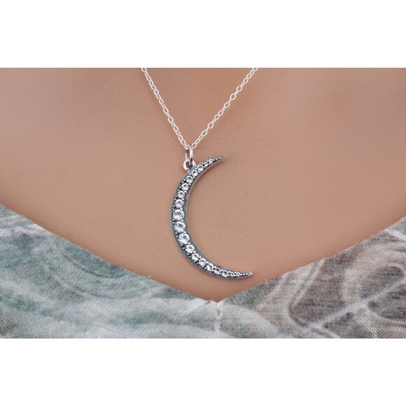 Sterling Silver Crescent Moon Pendant with Nano Gems Necklace